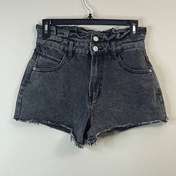 Zoe High-Waisted Black Denim Frayed Hem Distressed Shorts Size 5 - Picture 2 of 7